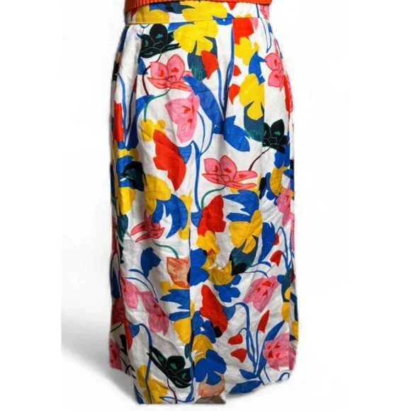 J.Crew Women’s Floral Midi Skirt White Multi-Color Pleated A-Line | Pockets | Si - Picture 2 of 9